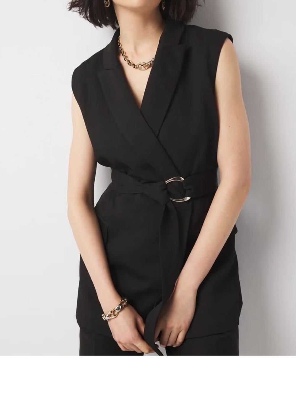 WHBM Black Sleeveless Belted Vest